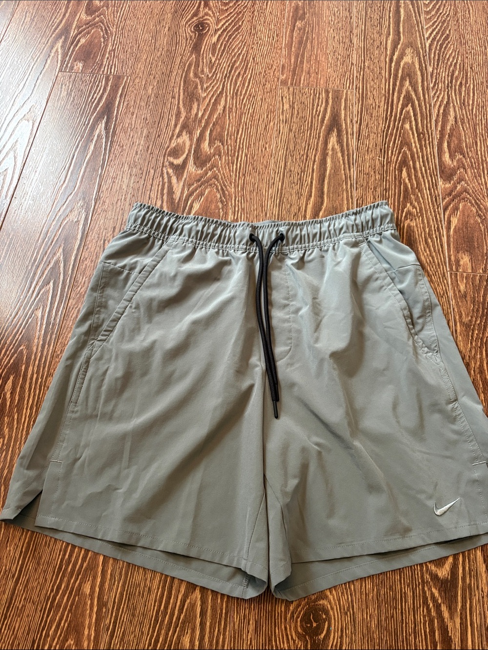 Nike Men's Olive-Grey Athletic Shorts with Black Drawstring